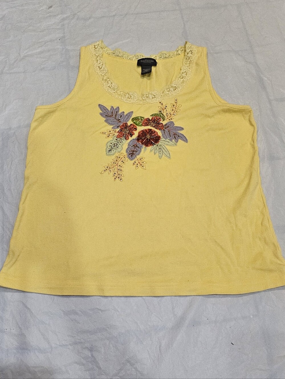 Van Heusen Yellow Floral Embroidered Lace-Trim Tank. Sz Xl
